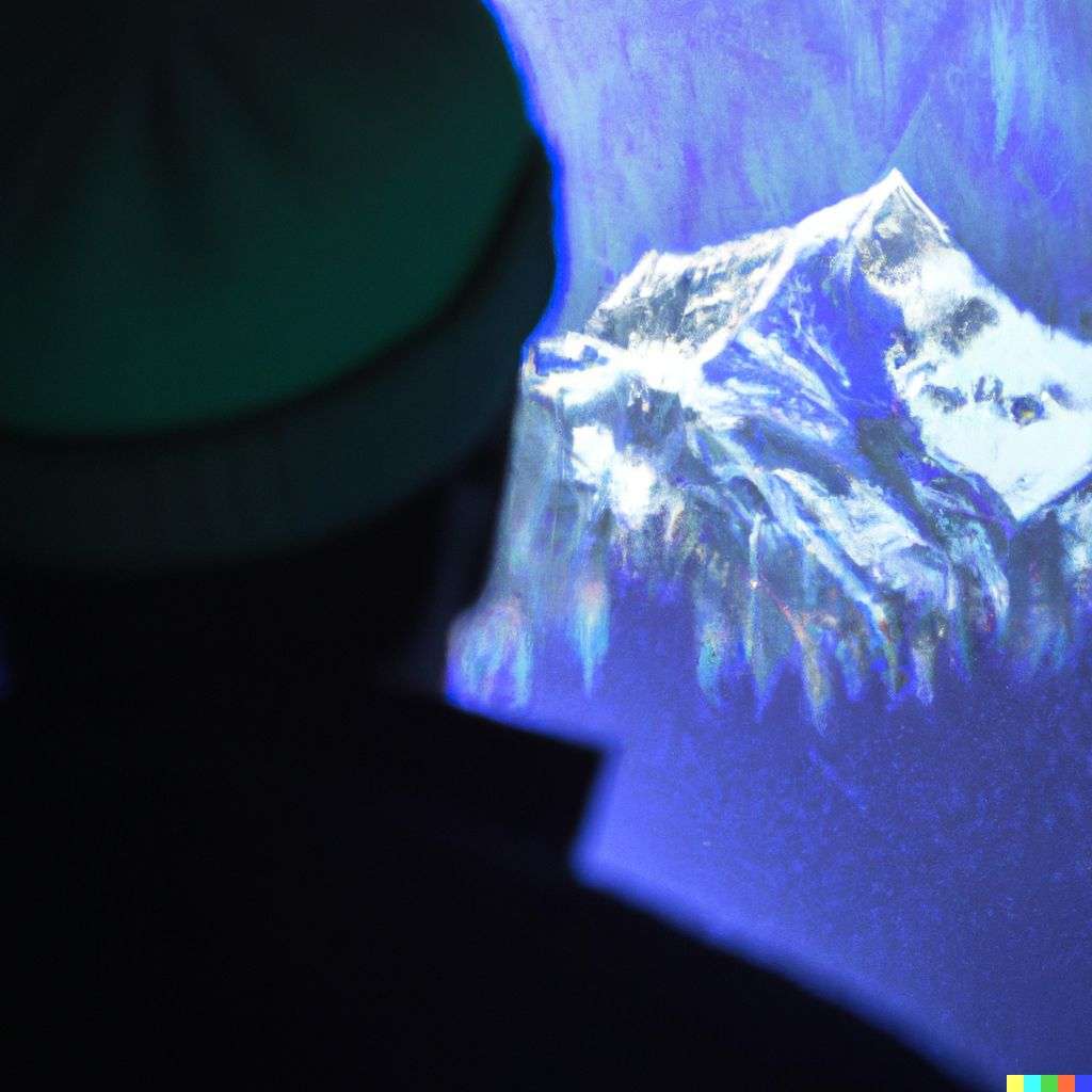 someone gazing at Mount Everest, a hologram projection
